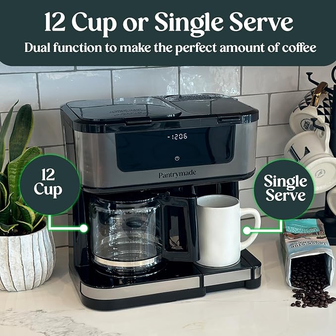 Pantrymade Dual Brew Coffee Maker, 12-Cup Drip & Single Serve K-Cup, Black | Brew a full 12-cup carafe or a single K-Cup pod with programmable touchscreen controls, auto shut-off and reusable filter.