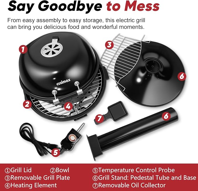 Electric Grill Outdoor, CUSIMAX Electric BBQ Grill, Portable BBQ with Lid | For Cookouts, BBQ Gatherings, Small Spaces, Adjustable Heat, Double Layer Design, Removable Stand Grill, Oil Collector, 1600W