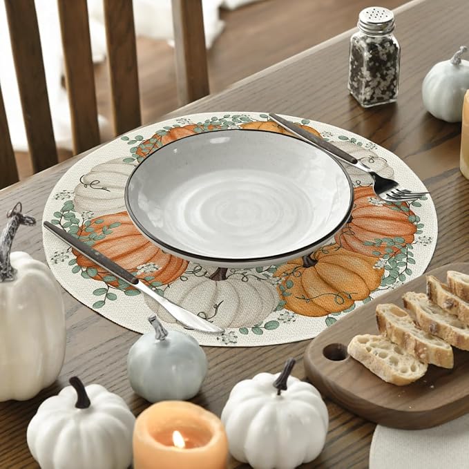 Artoid Mode Pumpkin Eucalyptus Round Fall Placemats Set of 4-14 Inch | Heat-Resistant, Washable Table Mats, Seasonal Autumn Kitchen Dining Decor