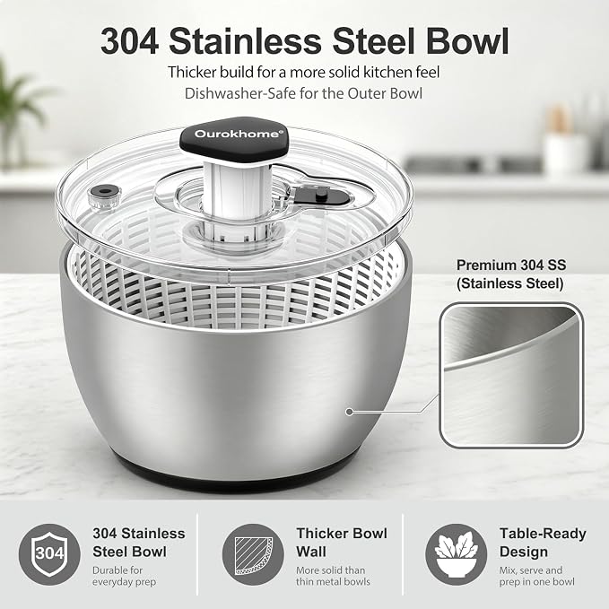 Ourokhome 6.3 QT Stainless Steel Salad Spinner, Large Lettuce Spinner with One-Hand Press Pump, Brake Button, Non-Slip Base and Retractable Handle, Vegetable Washer & Dryer for Greens, Fruits and Herb