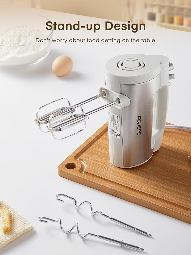 Hand Mixer Electric Handheld, 6 Speed & Turbo Electric Mixer, 300W Handheld Mixer with 2 Stainless Steel Whisk and 2 Dough Hook for Whipping, Mixing Cookies, Brownie, Cakes, Dough Batters, White