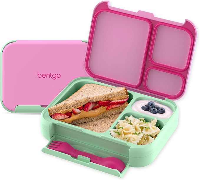 Bentgo Kids Stow & Go Leak-Proof Lunch Box with Built-In Utensil | 3.5-Cup Capacity, Removable Tray, Portion-Perfect Compartments for Kids and Teens, 2-in-1 Spoon & Fork (Strawberry)