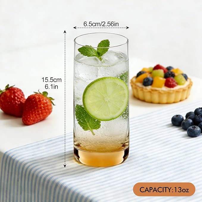 Amber Highball Glasses Set of 6, Drinking Glass for Mixed Drink | 13oz ,Cups for Cocktail, Beer, Mojito, Water and Juice,Thick Tall Glassware for Kitchen, Restaurant, Home Bar and Parties
