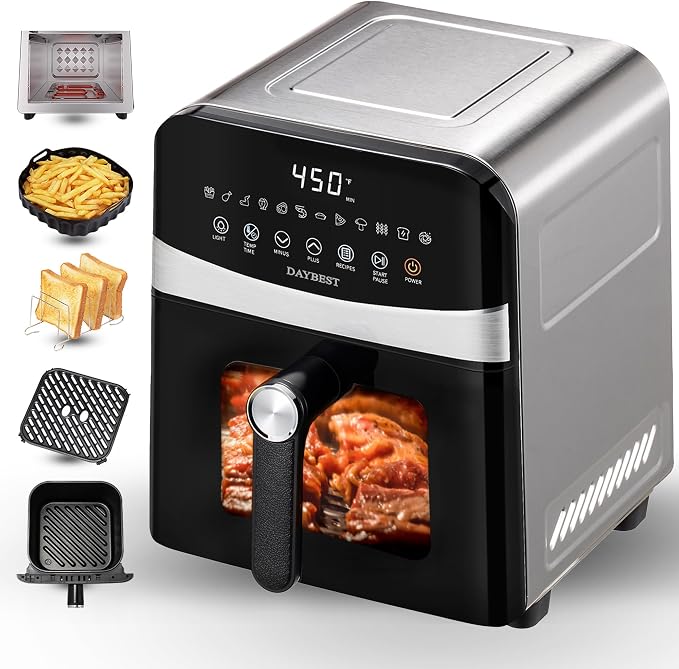 Stainless Steel Air Fryer Ceramic Coated Basket 6QT Dual-Blaze 450℉ (Metal) | Non Stick Teflon-Free Premium Coat Healthy and Easy Clean, Max 450℉ Fast Cook in 1700W, Visible 8.27" for 2-3 Servings
