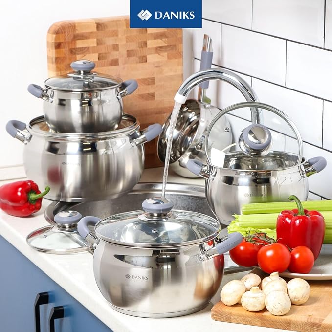 Daniks Modern 7 Quart Stainless Steel Stock Pot with Glass Lid, Tri-Ply Bottom for Even Heating, Induction Compatible, Dishwasher Safe, Heatproof Handles