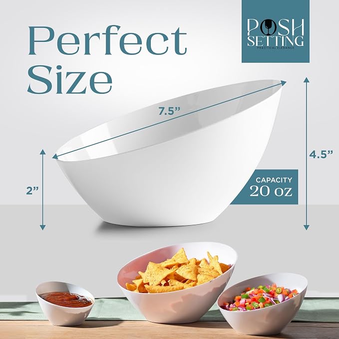 5 Pack White Angled Plastic Serving Bowl Disposable for Party Table 20oz | Angled Bowl Design. Chip, Candy, Salad & Fruit Use. Disposable Party Tableware. Buffet & Wedding Serving. White Plastic.