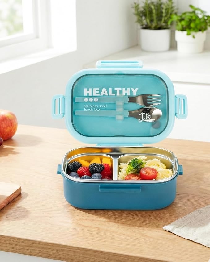 Lille Home 28oz Stainless Steel Leakproof 2-Compartment Bento Lunch Box | Portion Control Metal Lunch Box Food Container with Lunch Bag and Cutlery Set, BPA Free (Light Blue)