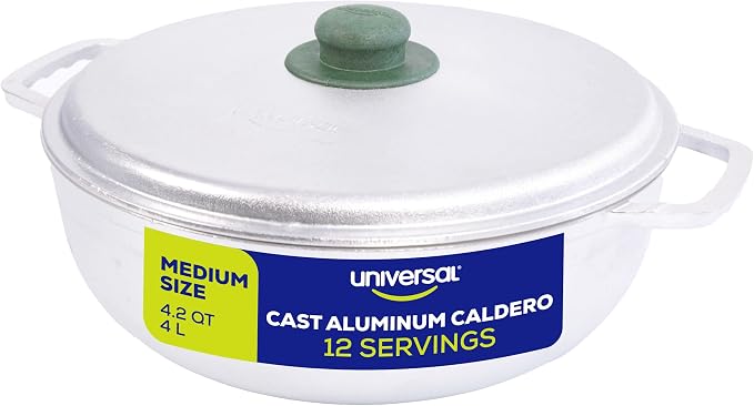 Universal (Medium Size) Caldero 12 Cups - 4.2 QT / 4 L, Stainless Aluminum Pot, Even Heat Distribution and Fast Cooking Dutch Oven Pot, Ergonomic Handles, Ideal for Rice, French Fries, and More