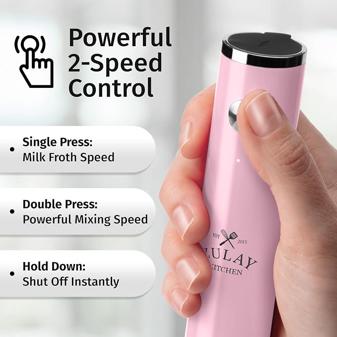 Zulay Kitchen Rechargeable Milk Frother Handheld - Frother Wand, Drink Mixer, Electric Whisk Frother, for Cappuccinos, Matcha & Protein Powder - Lux Double Whisk 2 Speed Waterproof 2000mAh Pink