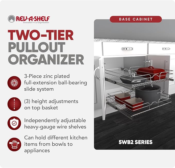 Rev-A-Shelf Pullout Organizer for Cabinets, Min Opening Width of 24" | Two-Tier Steel Shelf for Kitchen or Vanity Cabinet Organization, Heavy Gauge Wire Slide Out Storage Basket, 5WB2-2422-CR-1