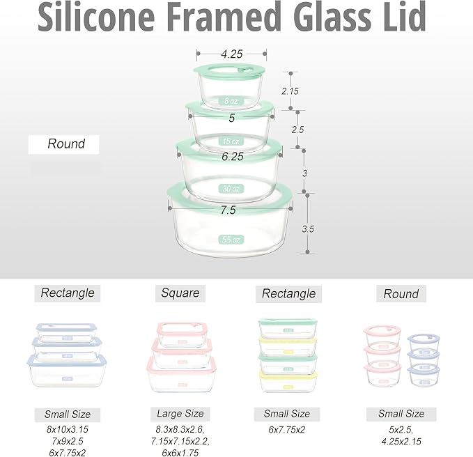 Glass Food Container Set with Glass Lid, 4 Pack, Meal Prep Containers with Silicone Framed Airtight Lid, Leakproof, 100% Plastic Free,