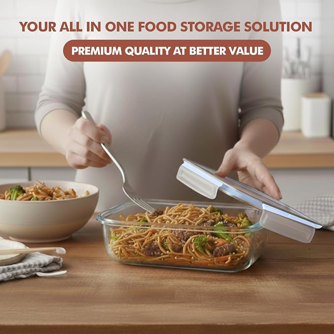 Razab 16 Pc (Set of 8) 30 Oz Glass Meal Prep Containers with Lids, Airtight Large Glass Food Storage Containers, Reusable Leak Proof BPA Free, Freezer to Oven and Dishwasher Safe