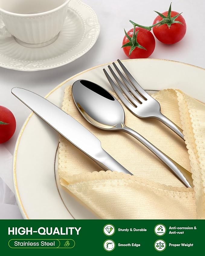PHILIPALA 65 Piece Silverware Set with Serving Utensils, Stainless Steel Flatware Set for 12 Food Grade Novelty Flatware Cutlery Utensil Set Include Knife Fork Spoon Mirror Polished Dishwasher Safe