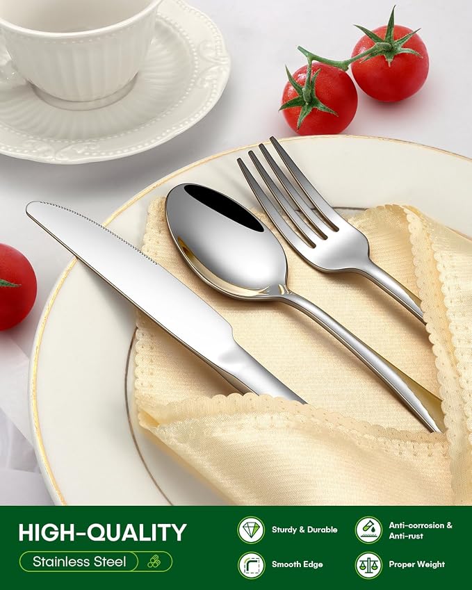 PHILIPALA 24 Pcs Silverware Set with Steak Knives Food-Grade Stainless Steel Flatware Set for 4 Mirror Cutlery Include Forks Spoons and Knives Set Dishwasher Safe Utensil Sets for Home Restaurant