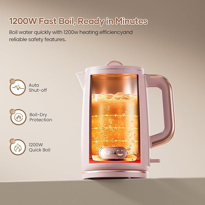 OLEGA Electric Kettle: 1200W Fast Boil Tea Kettles with Tea Infuser 1.5L | Stainless Steel Kettle; Electric Water Kettle with Strainer; Plastic Free Teapot; Auto Shut-Off Water Boiler