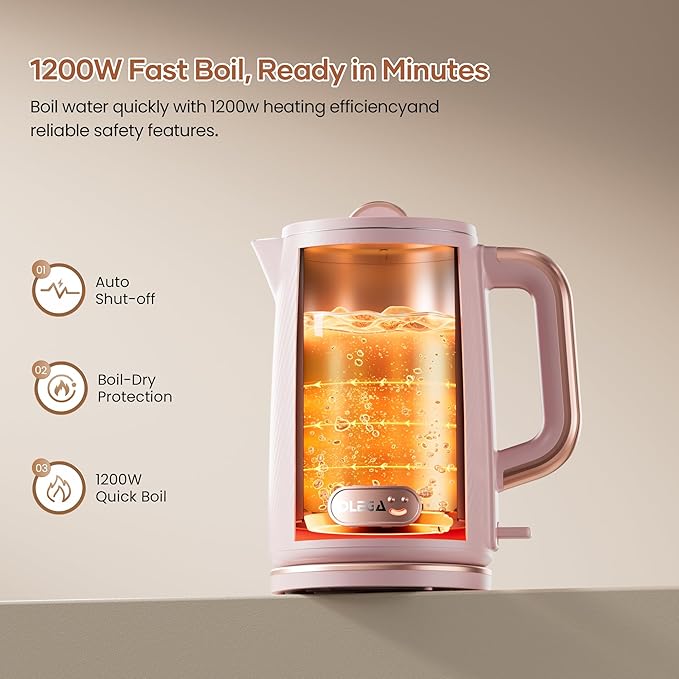 OLEGA Electric Tea Kettle: 1200W Fast Boil Electric Water Kettles 1.5L | Stainless Steel Kettle; Large Electric Water Kettle; Plastic Free Teapot; Auto Shut-Off Water Boiler; Fast Boil Kettles