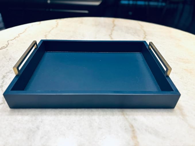 Decorative Coffee Table Tray - Ottoman Tray - Breakfast, Drinks, Liquor Serving Platter - from Farmhouse to Modern - Matte Finish - Champagne Gold Handles - Twilight-Blue