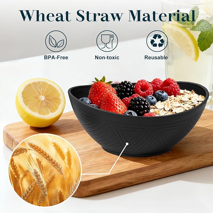 Plastic Bowls 26 OZ, Unbreakable Wheat Straw Bowl 4 PCS, Microwave and Dishwasher Safe Oval Bowls for Serving, Dinner, Lightweight Kitchen Bowl for Soup, Cereal, Fruit - Black