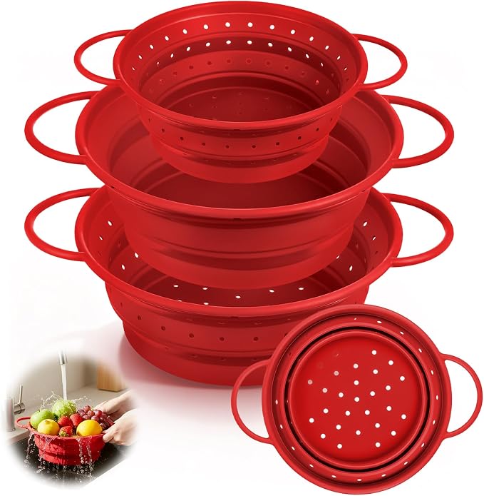 3 Pack Collapsible Colander with Strainer Bowl Set,Red | 11 & 13 In Silicone Colanders for Kitchen, Heat-Resistant Strainer Dishwasher Safe Baskets for Vegetable Fruits