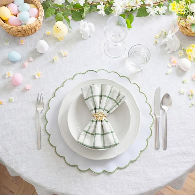 Set of 24 White Cotton Placemats 15" Round Scalloped Green | Double Layered Cotton Fabric, Washable Embroidery, Green Edge Edge, Rustic Table Mats for Wedding Dining Table Decor