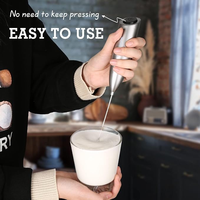 SIMPLETASTE Milk Frother Handheld Electric Foam Maker Battery Operated | Drink Mixer with Stainless Steel Whisk for Cappuccino, Bulletproof Coffee, Latte, Gray, with Stand