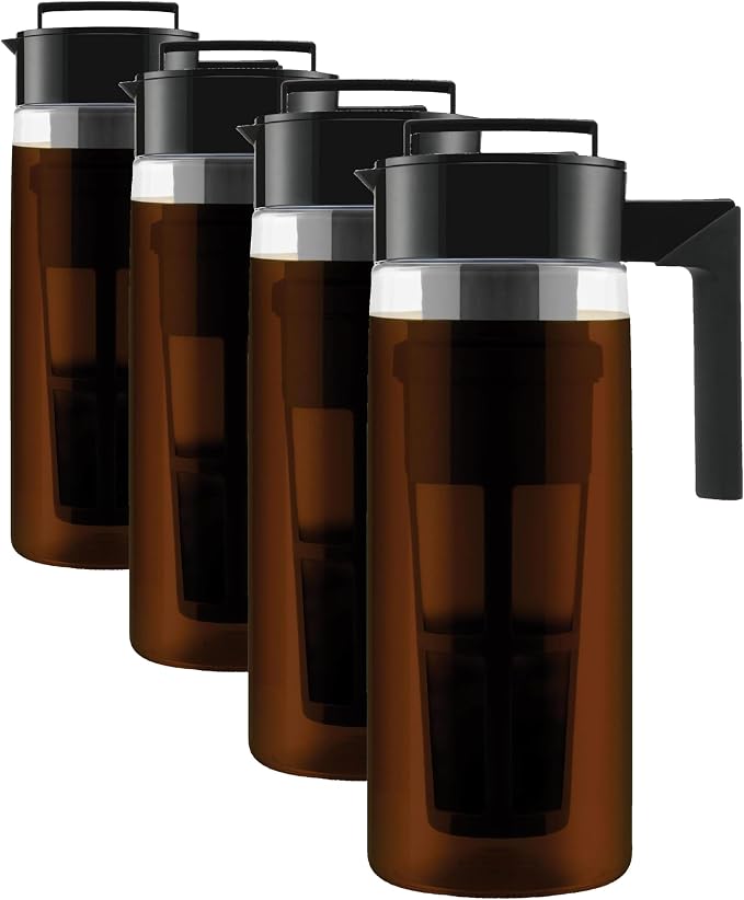 Takeya Deluxe Cold Brew Coffee Maker-BPA-Free Tritan Pitcher with Airtight Leakproof Lid,Silicone Grip Handle,Fine-Mesh Filter-Shatter-Proof,Dishwasher Safe,Made in USA-2 Quart/Black,(Pack of 4)