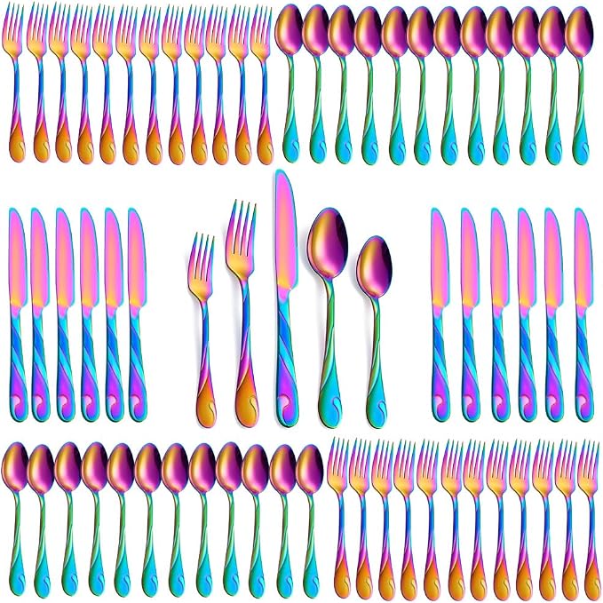 Rainbow Silverware Set for 12, 60-Piece Stainless Steel Flatware Set, Shiny Rainbow Metal Cutlery Set, Include Fork, Knife and Spoon Set, Dishwasher Safe