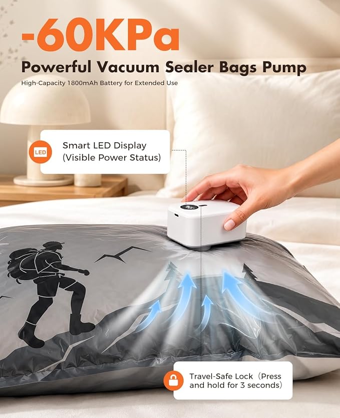 Vacuum Storage Bags with Electric Pump,Covers -60kPa Vacuum Seal Bags for Clothing Devices, Travel Bags with Portable Cordless Pump Included, Compatible with Bags 25 Combo Set