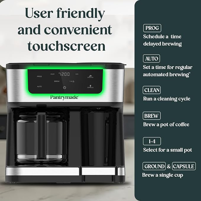 Pantrymade Dual Brew Coffee Maker, 12-Cup Drip & Single Serve K-Cup, Black | Brew a full 12-cup carafe or a single K-Cup pod with programmable touchscreen controls, auto shut-off and reusable filter.