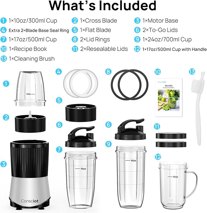 Consciot 16-Piece Blender & Grinder Combo for Kitchen and Personal Size | Blend Shakes & Smoothies, Frozen Drinks, Baby Food, Spreads & More, 4 BPA-Free Portable To-Go Cups & 4 Lids, 900 Peak Watts