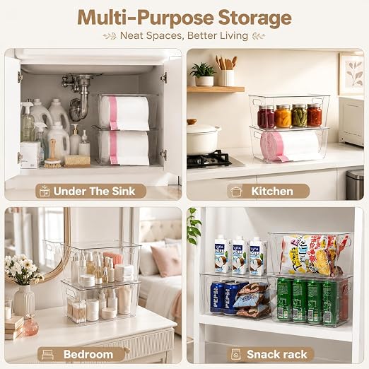 4PCS Home Organization Storage Set, 2 Front Access Clear Storage Bins & 2 Airtight Containers, Stackable for Snacks, Trash Bags, Coffee Pods, Seasonings, Cleaning Supplies, Pantry Under Sink