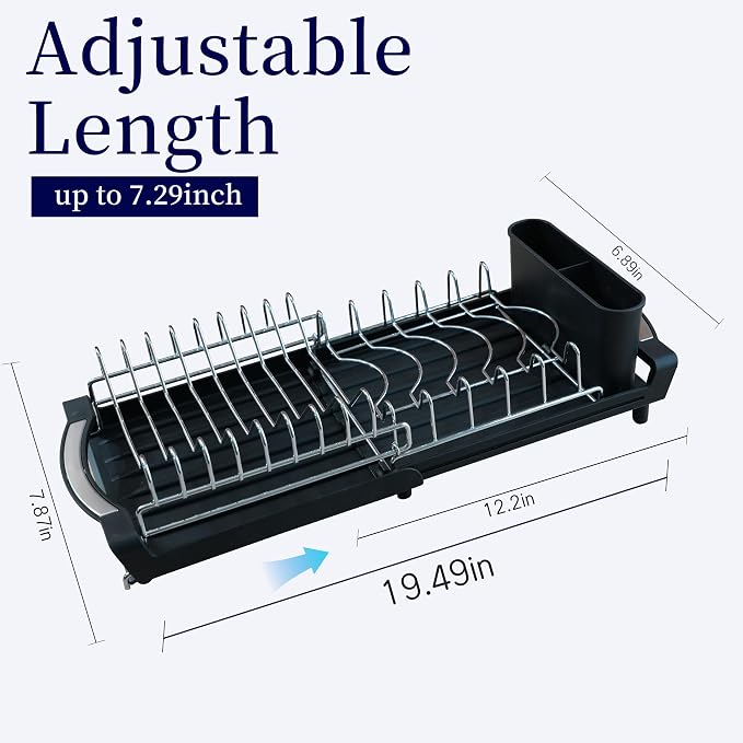 Dish Drying Rack Compact Expandable Double-Decker: Stainless, Rust-Proof, fits Kitchens/Apartments, extends 11.42"-19.9" (Black).