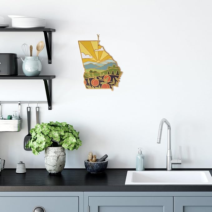 Totally Bamboo Georgia State Shaped Cutting Board, Summer Stokes Art | State charcuterie board with colorful hand-drawn landscape art. Smooth reverse side for food prep. Hang tie for wall display.