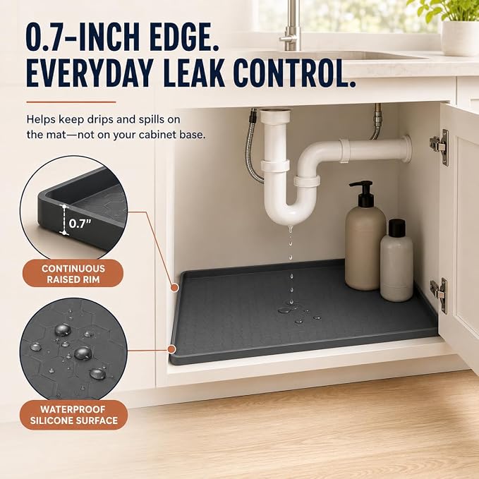 28"x19" Silicone Under Sink Mat for Bathroom/Kitchen Cabinet Organizer Mat | Leak-Proof Waterproof Liner Pad & Anti-Spill Tray | 0.7in Edge Barrier, 3.5Gal Capacity