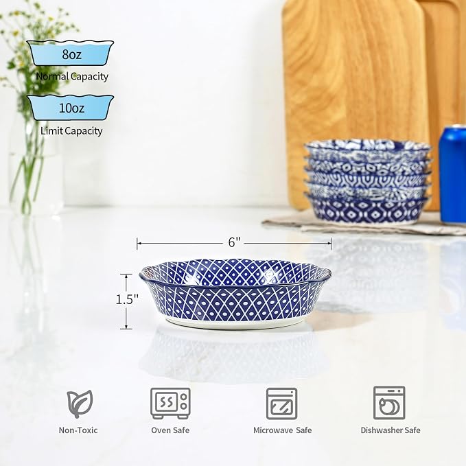 Selamica Ceramic Mini Pie Pans, 6 Inch Pie Dish for Baking, Small Pie Plate with Fluted Edge for Dessert Apple Pie, Oven Safe, Set of 6, Vintage Blue