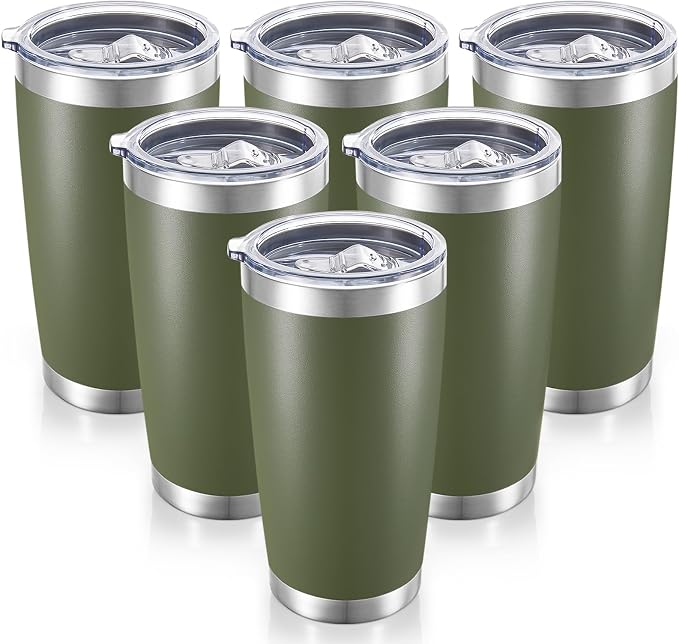20 oz Tumblers Bulk Stainless Steel Tumbler with Lid, 6 Pack | Army Green, 20oz Insulated Coffee Mug, Double Wall Vacuum, Powder Coated Cup, for Hot and Cold Drinks