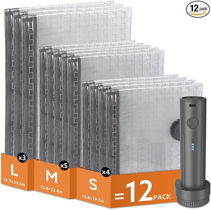 Travel Vacuum Bags with Rechargeable Pump | 12 Pack Vacuum Seal Bags for Clothes and Clothing Travel, Space Saver for Luggage, Business Trip, Home Storage