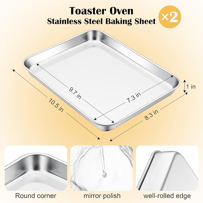 E-far 10.5” x8.3” Baking Sheet Set of 2, Stainless Steel Toaster Oven Tray | Small Non-toxic Metal Baking Pan for Cookie & Cake, Healthy & Rust Free, Mirror Finish & Dishwasher Safe