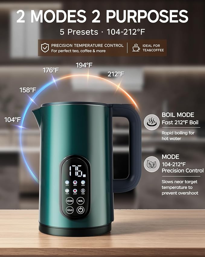 1.7L Stainless Steel Electric Kettle with Temperature Control – Green | 5 Preset Temperatures for Tea & Boiling Water, 2H Keep Warm, 1200W BOIL Mode, 304 Stainless Steel Interior, Cordless Base