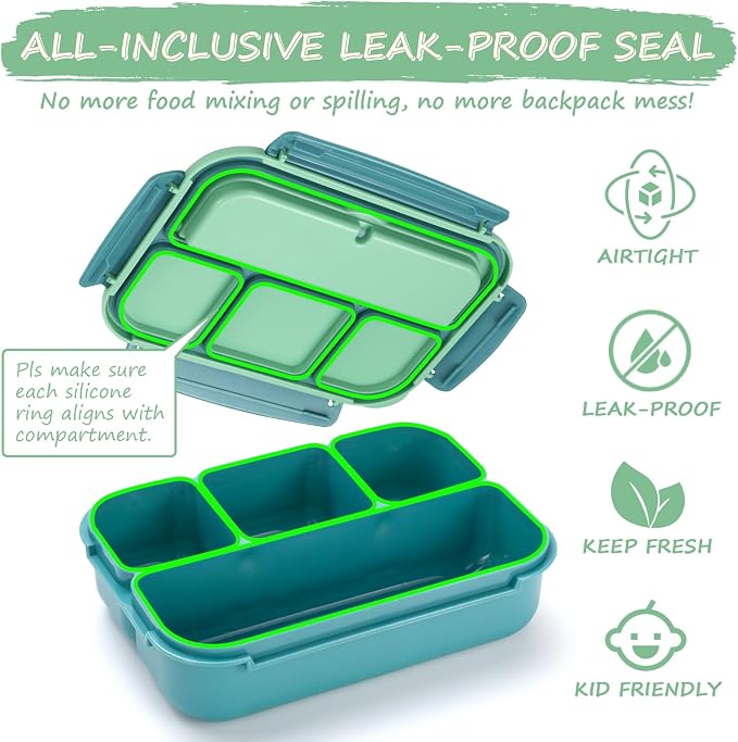 QQKO Bento Box for Kids Adults, School Toddler Lunch Box for Boys Girls, Lunch Box Containers with 4 Compartments, Sauce Container, Utensils, Food Picks and Muffin Cups for School, Green