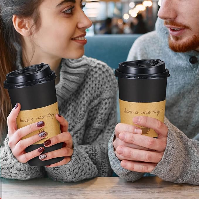 Lamosi 20 oz Coffee Cups 50 Pack, Disposable To Go Paper Cups with Lid | Hot Insulated Cups with Lids, Stir Sticks and Sleeves for Cold Drinks, Tea and Latte, Cafe, Travel and Home Use
