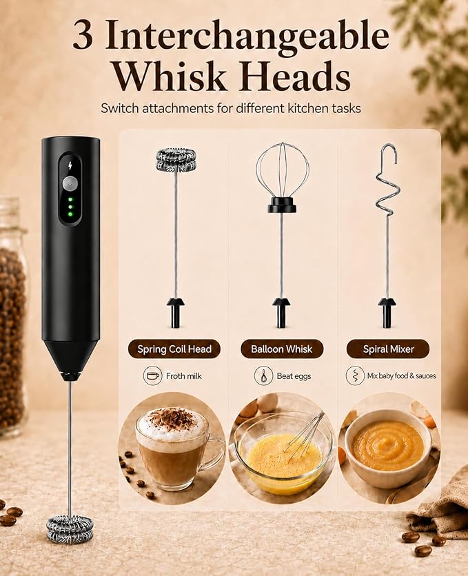 Rechargeable Electric Milk Frother Handheld, Hand Mixer Coffee Frother Wand | Portable Drink Mixer with 3 Speeds, 3 Whisk Heads, Storage Case, Electric Whisk for Matcha Lattes Cappuccino, Kitchen Gifts