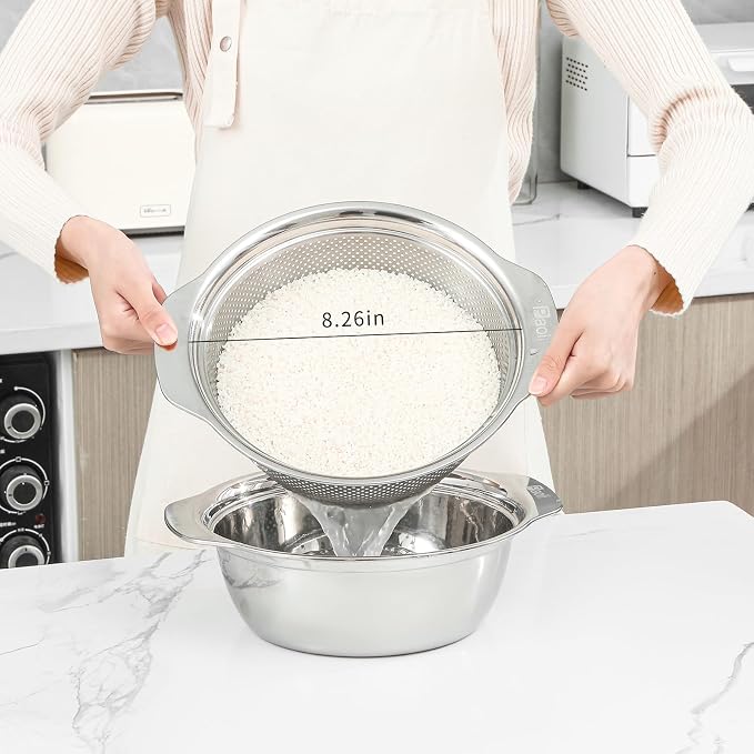 Paoli 304 Stainless Steel Fine Mesh Colander Set, 2QT Large Capacity Strainer with Mixing Bowl — Rinse Fruits, Veggies, Rice & Drain Pasta, Dishwasher Safe (2-Piece)