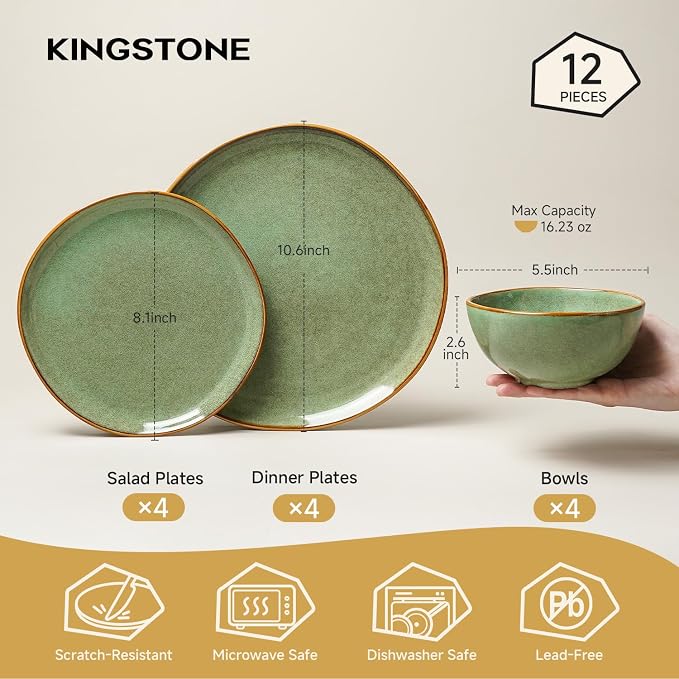 Stoneware Dinnerware Sets for 4, Reactive Glaze Plates and Bowls, Green | 12-Piece Handcrafted Rustic Porcelain Dishes Set, Highly Scratch Resistant, Dishwasher & Microwave Safe