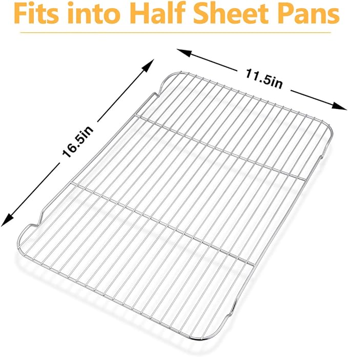 Baking Cooling Rack Set of 2, E-far 16.5"x11.5" Stainless Steel Metal Roasting Cooking Racks, Fits in Half Sheet Cookie Pans, Non Toxic & Rust Free, Oven Proof & Dishwasher Safe