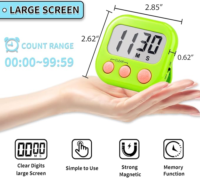 Timer for Kids Digital Kitchen Timers for Cooking- 12 Pack Blue Green | Countdown Timer for Classroom Study Exercise Teacher Supplies, Strong Magnetic, Loud Alarm, Large Screen, Fast Reset, Memory