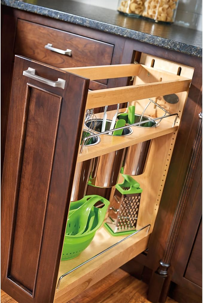 Rev-A-Shelf Pullout Organizer w/Soft-Close, Min Cabinet Opening 8.5" W | 8.75" W Slide Out Pantry Spice or Utensil Storage Rack w/BLUM Soft-Close & Adjustable Shelves for Base Cabinet, 448UT-BCSC-8C