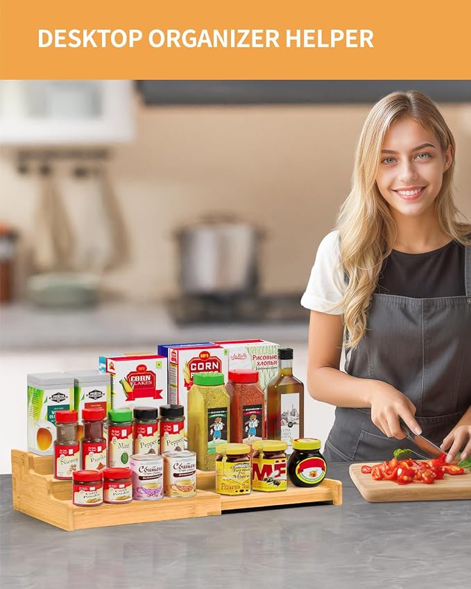 Spice Rack 3-Tier Natural Bamboo, Adjustable Cabinet Organizer Shelf | Expands 8.7-15.6"cabinets. Stepped design, labels visible.Storage organizer saves space, easy wipe. For spices, jars,cans.