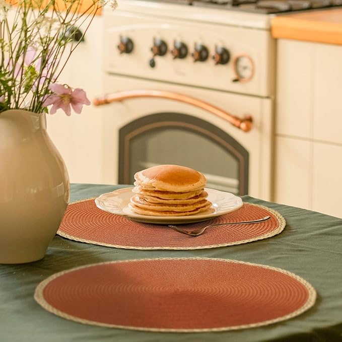 Round Placemats Set of 8, Woven Table Mats, Thin Edge, Dark Orange | Braided Paper Edge, 15 Inch Diameter, Fits Dinner Plate and Flatware, Wipeable, Heat Resistant, Indoor Dining, Outdoor Patio