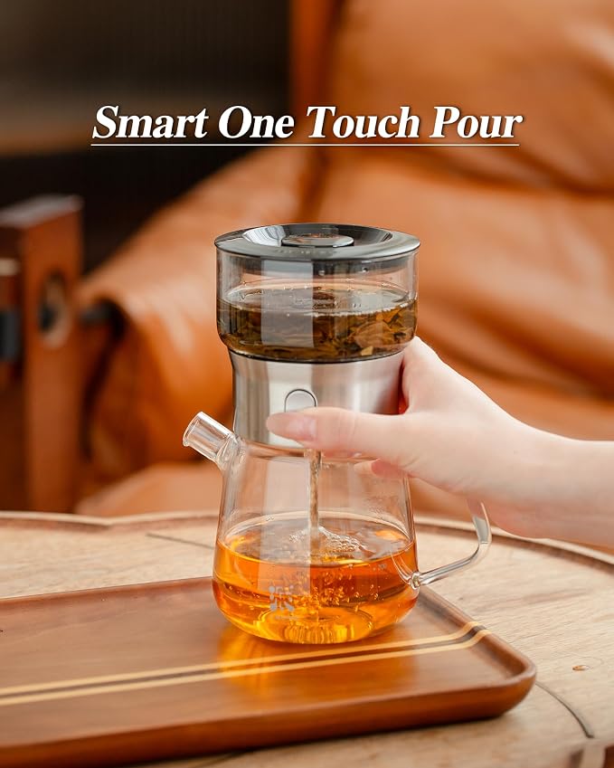 ZENS Modern Glass Infuser Pot Set with 2 Cups, One Touch Loose Tea Maker | Magic Tea Pot, Mess free Tea Steeper with 13.5oz Glass Teapot, TeaDiffusers for Herbal Tea Lovers, Black
